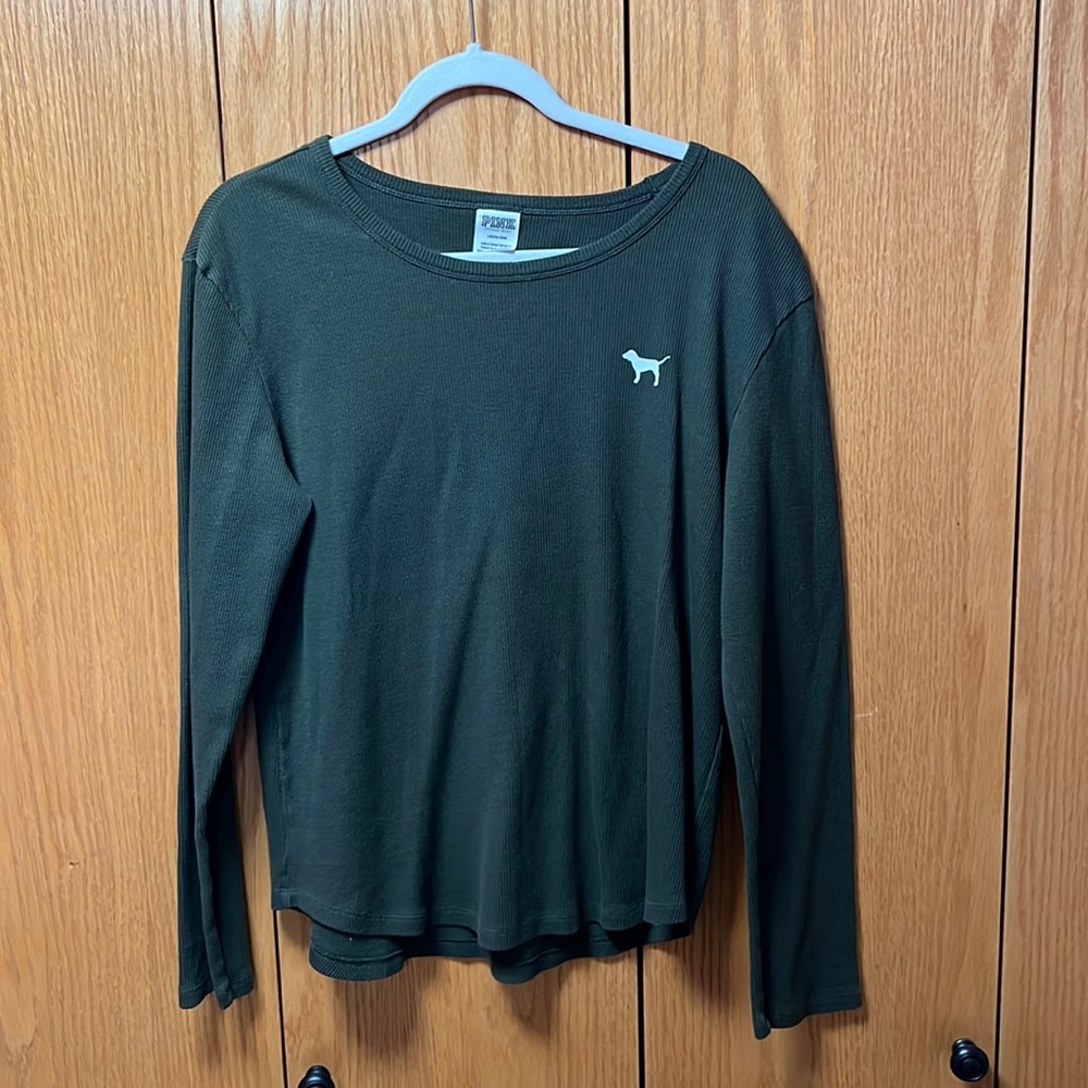 PINK, green waffle long sleeve, size L